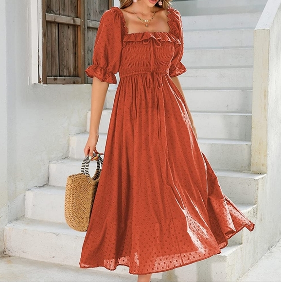 orange cottagecore dress Vintage Style Rite Orange Lace Floral Cottagecore Maxi Dress